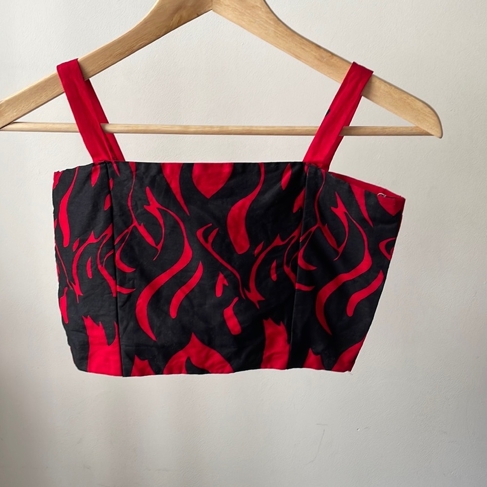 Red And Black Fire Flames Structured Bandeau Crop Top Thick Straps- Size Small